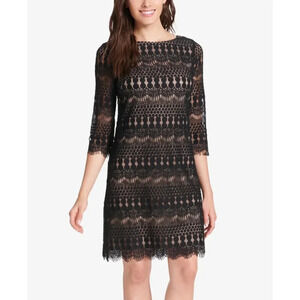 Eliza J Boat Neck Lace Shift Dress Black Beige Size 4